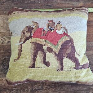 Finished Needlepoint Pillow Elephant Indian Asian Zipper Enclosure 16" x 16"